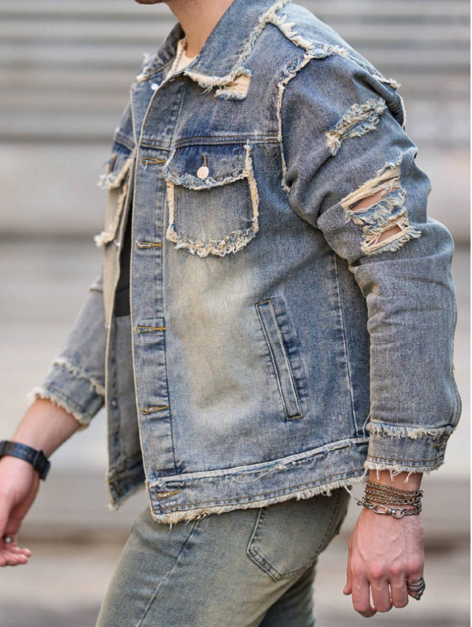 Men’s Frayed Ripped Distressed Denim Jacket Lapel Button‑Up Raw Edge Trucker