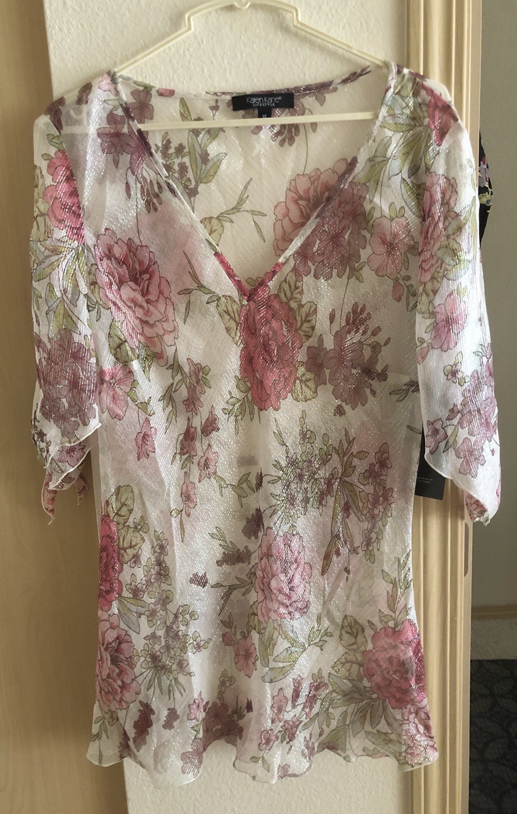 VTG Karen Kane Cami Tunic Top Silk Sheer Floral Shimmer Fairy NWT $108 Size 12