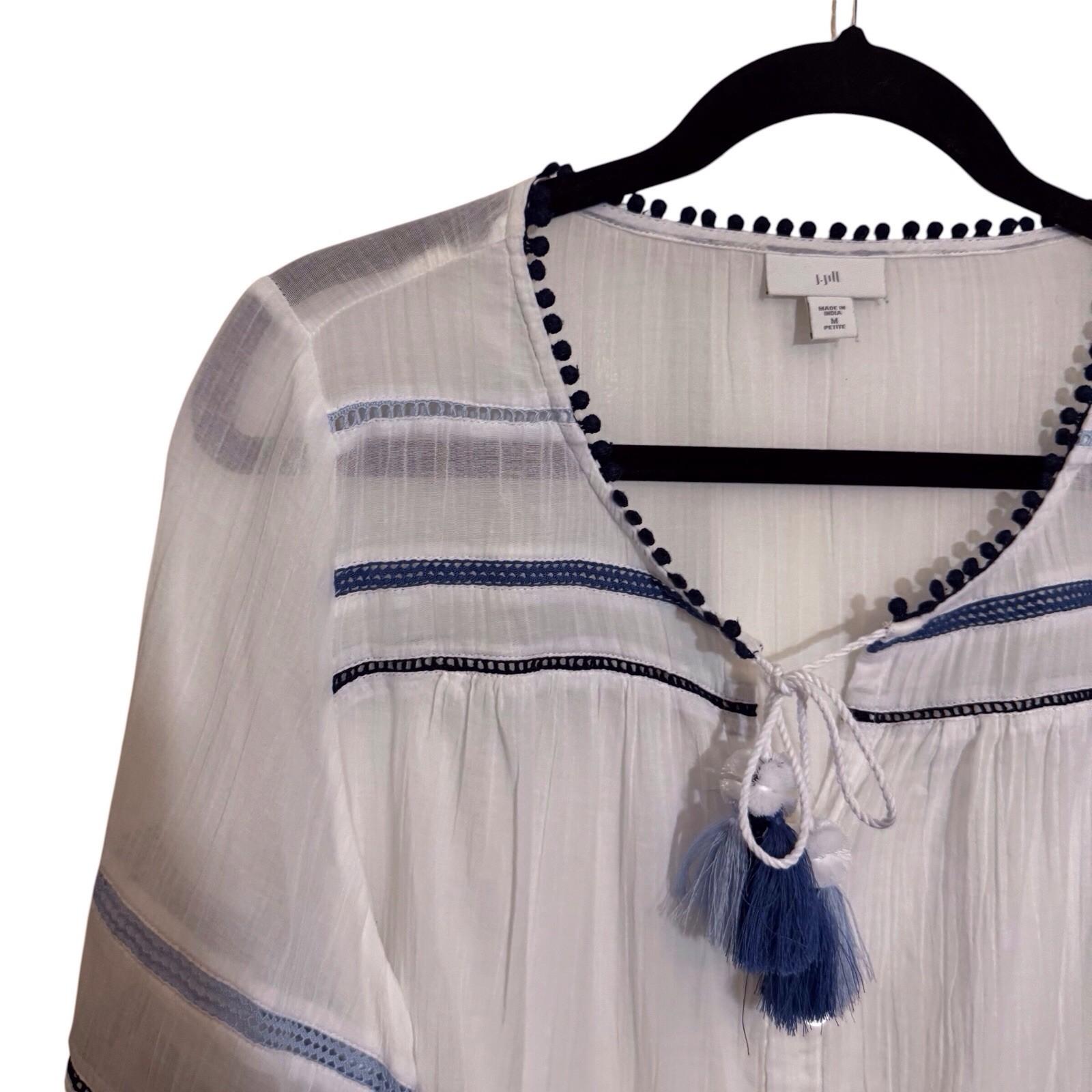 J. Jill Medium Petite White Blue Embroidered Gauze Top Tassel Beach Cotton Boho