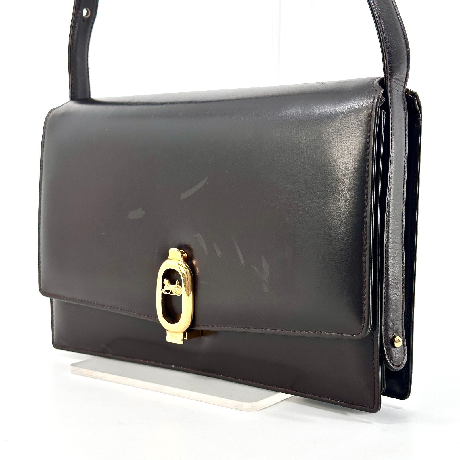 Celine Horse Carriage Flap Leather Shoulder Crossbody Bag Dark Brown Gold