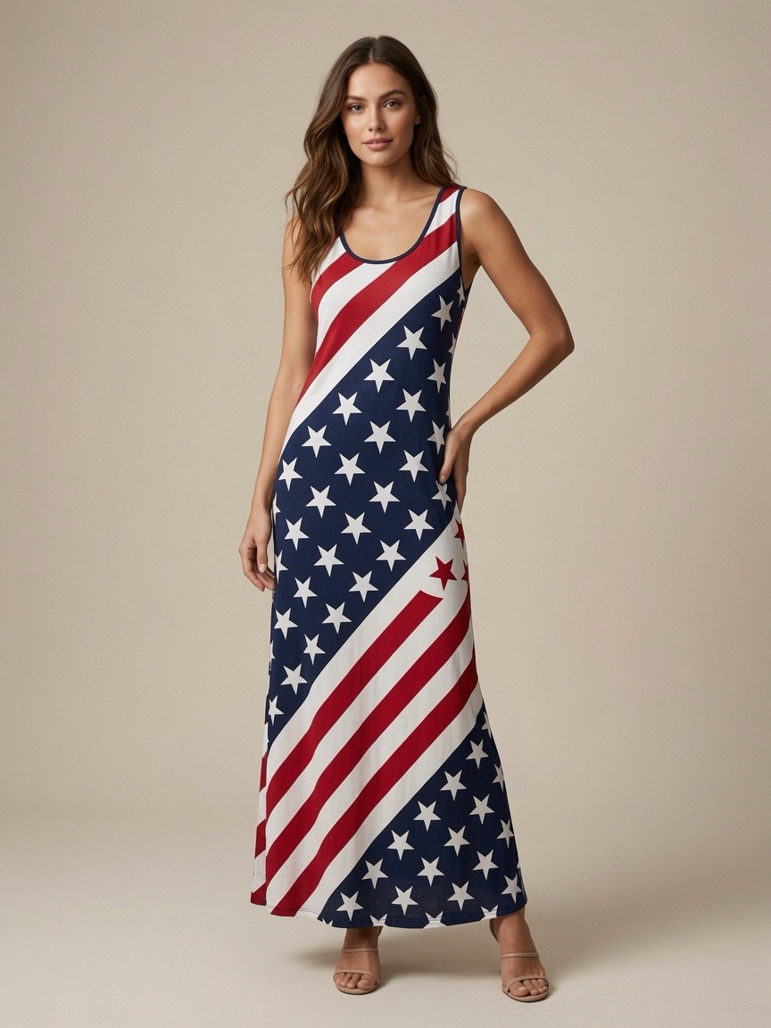 Red White Blue Stars & Stripes Maxi Dress S Sleeveless Scoop Neck HONEY-8990
