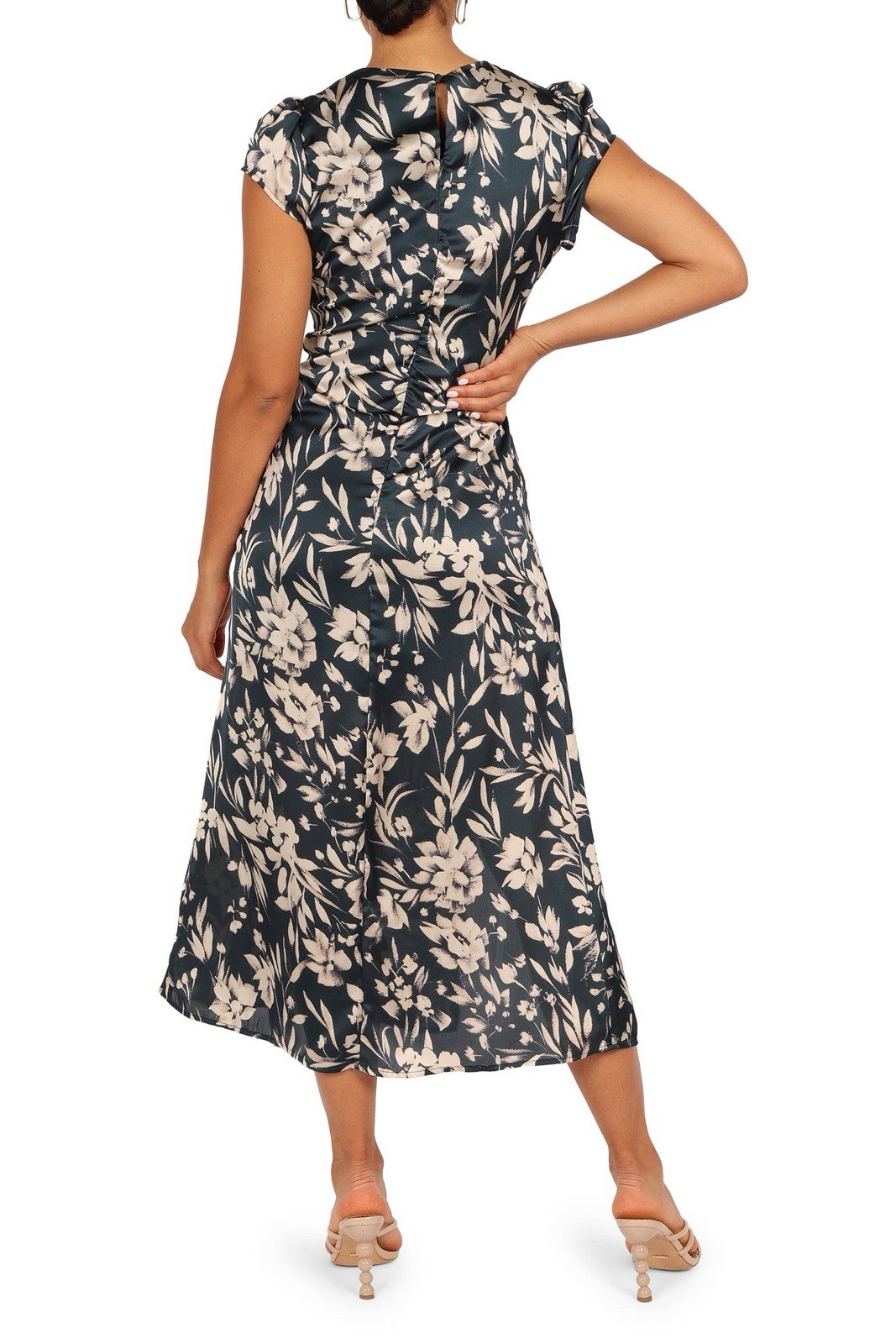 Size M $99 Petal & Pup Lisbeth Floral Cap Sleeve Satin Midi Dress Green Floral