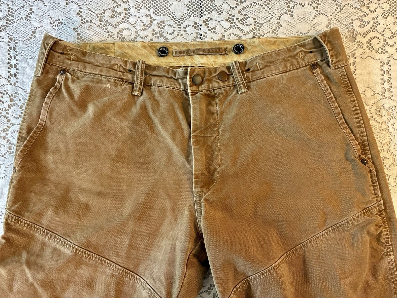 Vintage Polo Ralph Lauren Double Knee Waxed Canvas Pants Hunting Tan 34×32