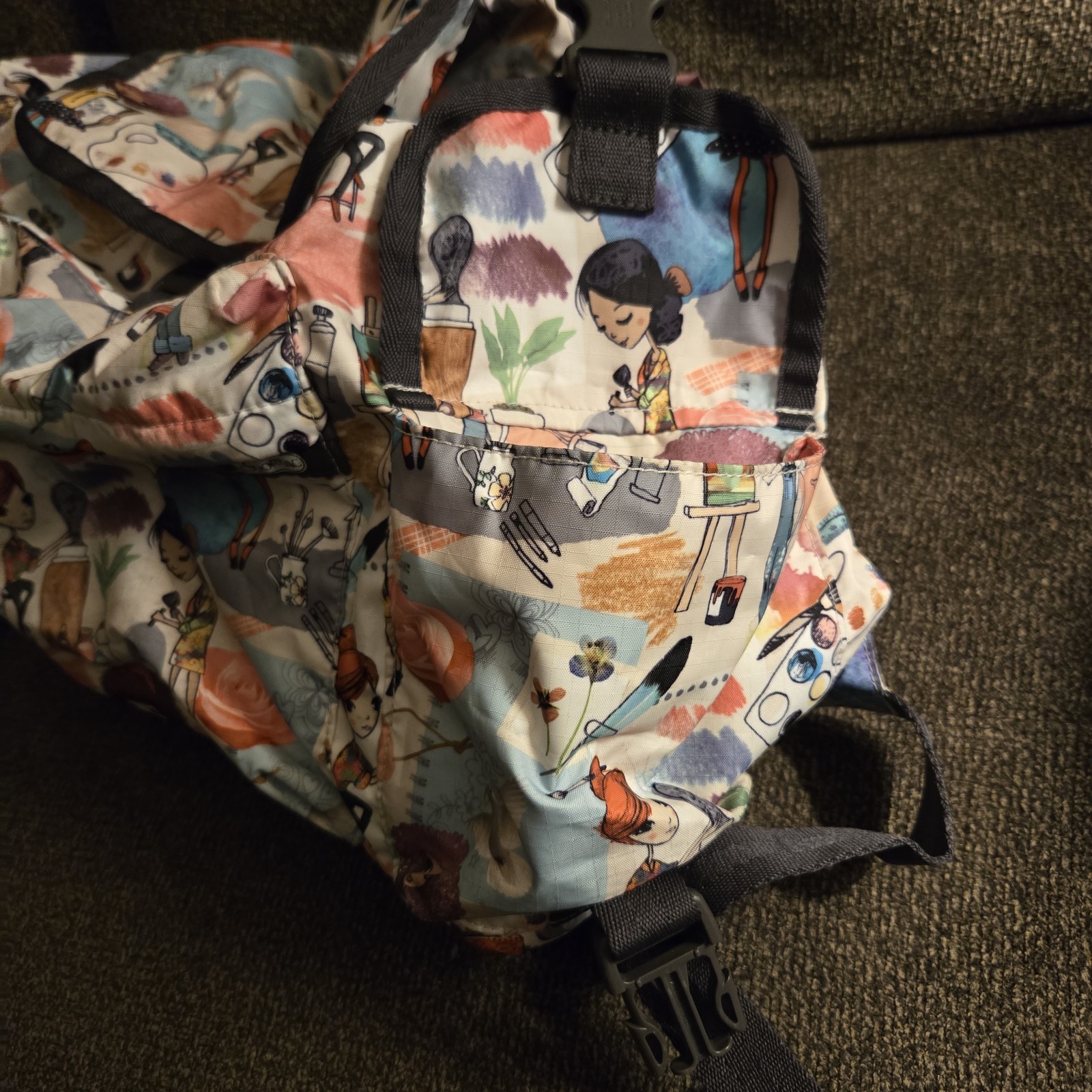 LeSportsac Voyager Backpack ‘Art School’ Cartoon Graphic Pink Lining 13″ x 16″