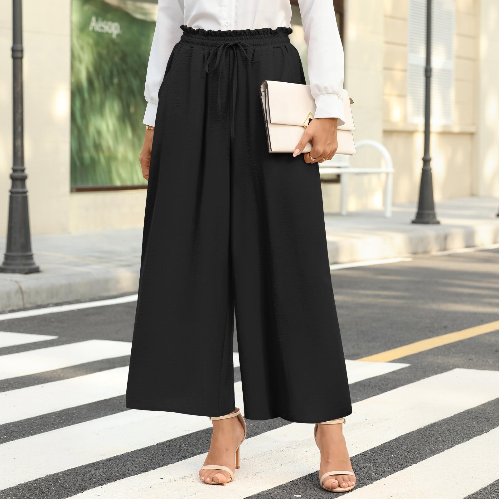 Bestbee Women’s Wide Leg Palazzo Pants Dressy Casual Gaucho Pants Elastic Wai…