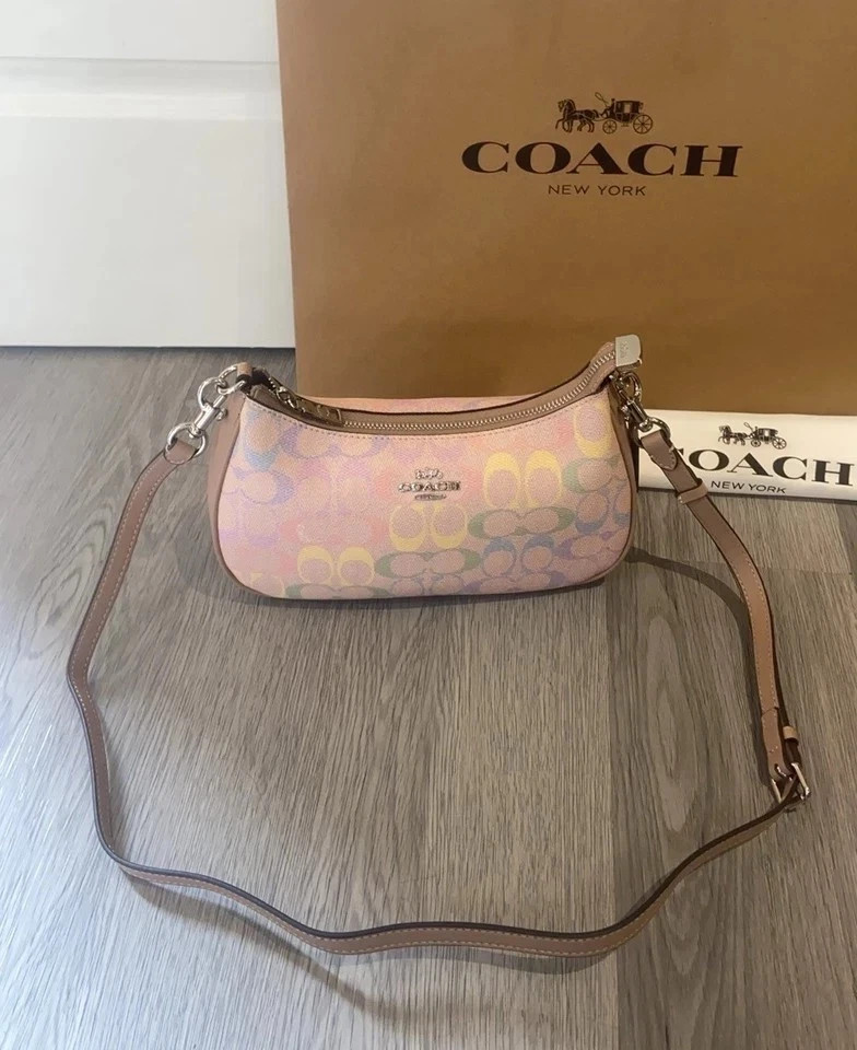 COACH Teri Shoulder Bag In Rainbow Signature Canvas & Leather CDA91 Silver/Sand