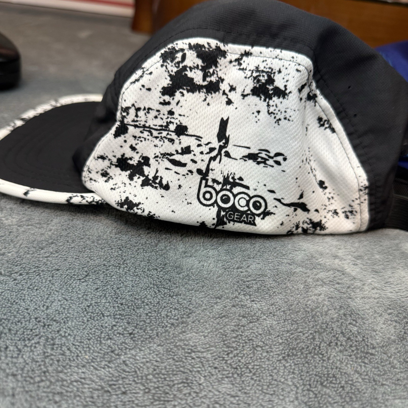 BOCO Gear 5 Panel Hat Ironman Triathalon 70.3 Coeur D’alene & Black White Splat