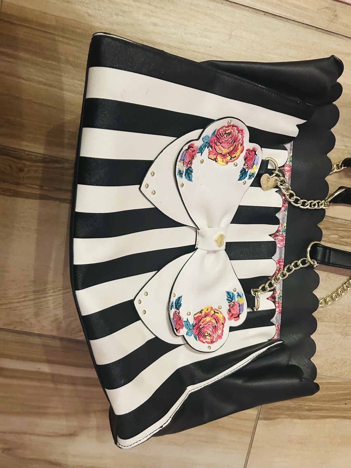 Betsey Johnson Black White Striped Satchel Top Handle Zip Bow Gold Chain Strap