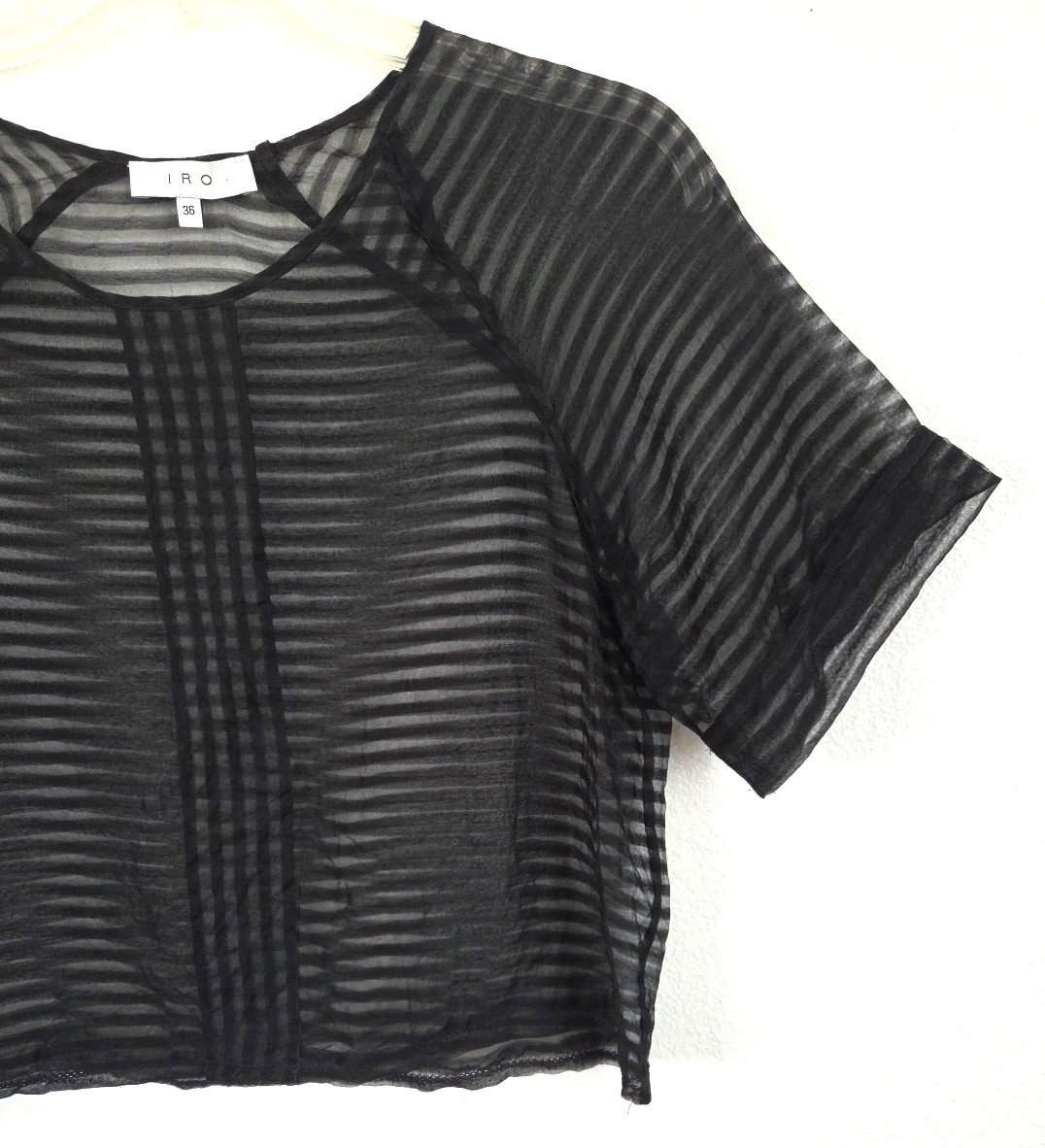 IRO Paris Sheer Black Silk Blend Boxy Top Women’s Striped Textured EU 36 US 4