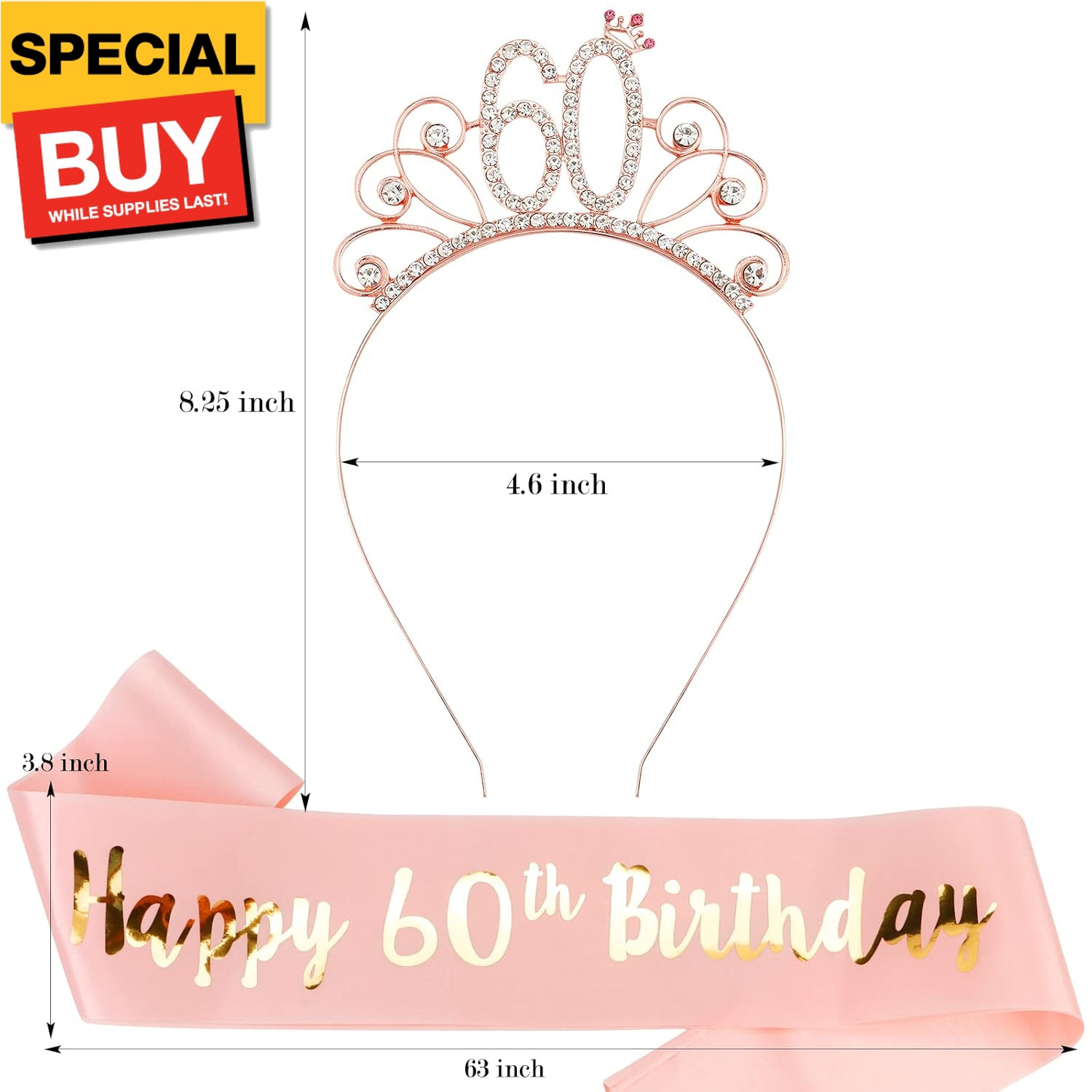 60th Birthday Sash and Tiara for Women, Rose Gold Birthday Sash and Crown Set, 6