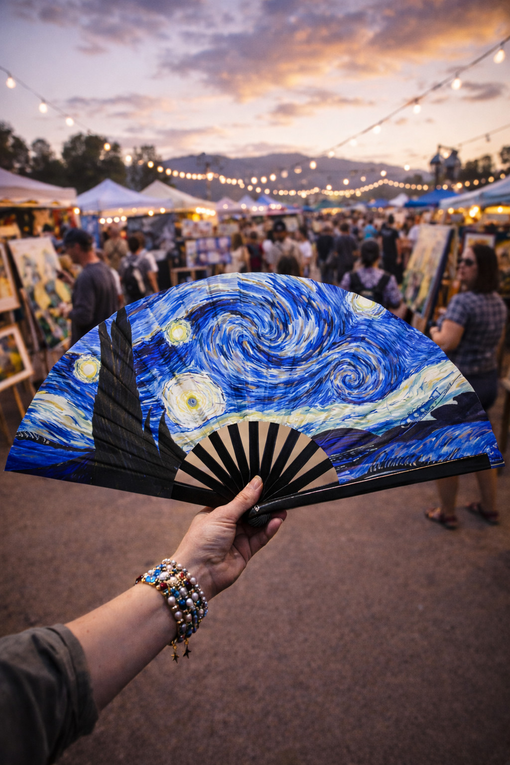 Starry Night Van Gogh XL Clack Fan Folding Art Fan Festival Rave Gift Hand Fan