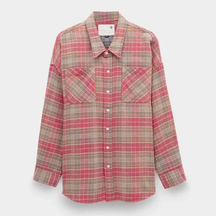 R13 DROP NECK WORKSHIRT in Pink Teal Plaid Size S