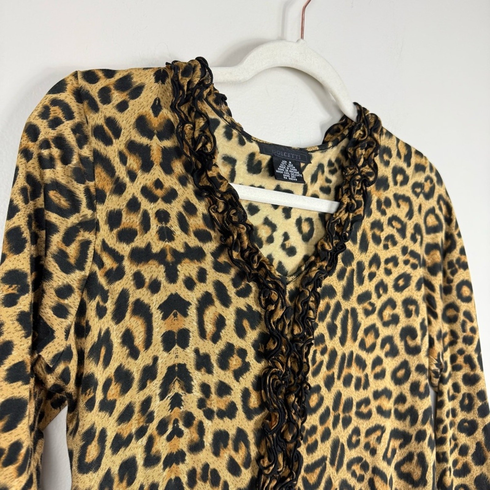 Dolcetti Leopard Print Ruffle V-Neck Women Medium Silk Top Brown Black Y2K