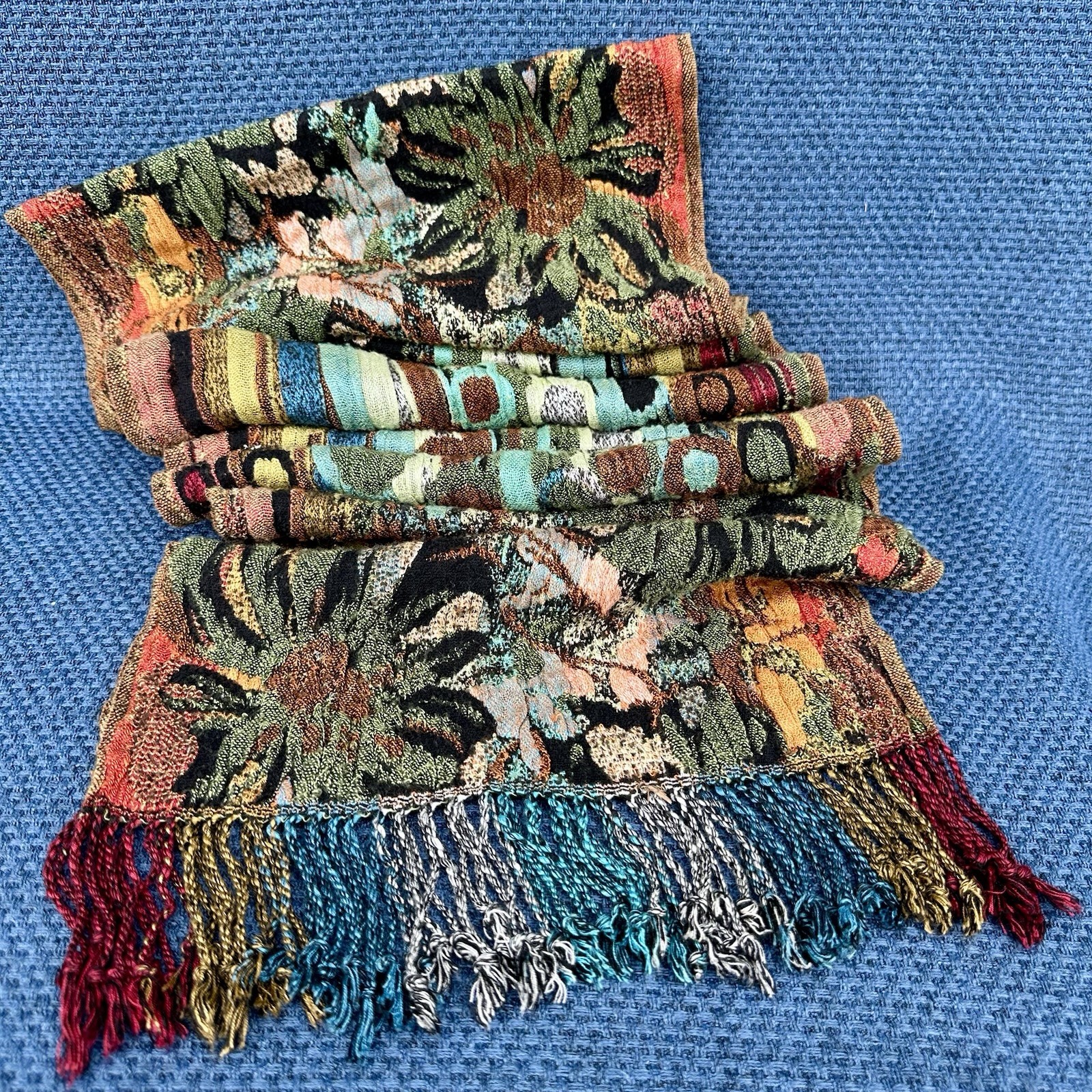 Art To Wear Silk Viscose Woven Scarf Nepal Abstract Floral Fringe Boho Wrap