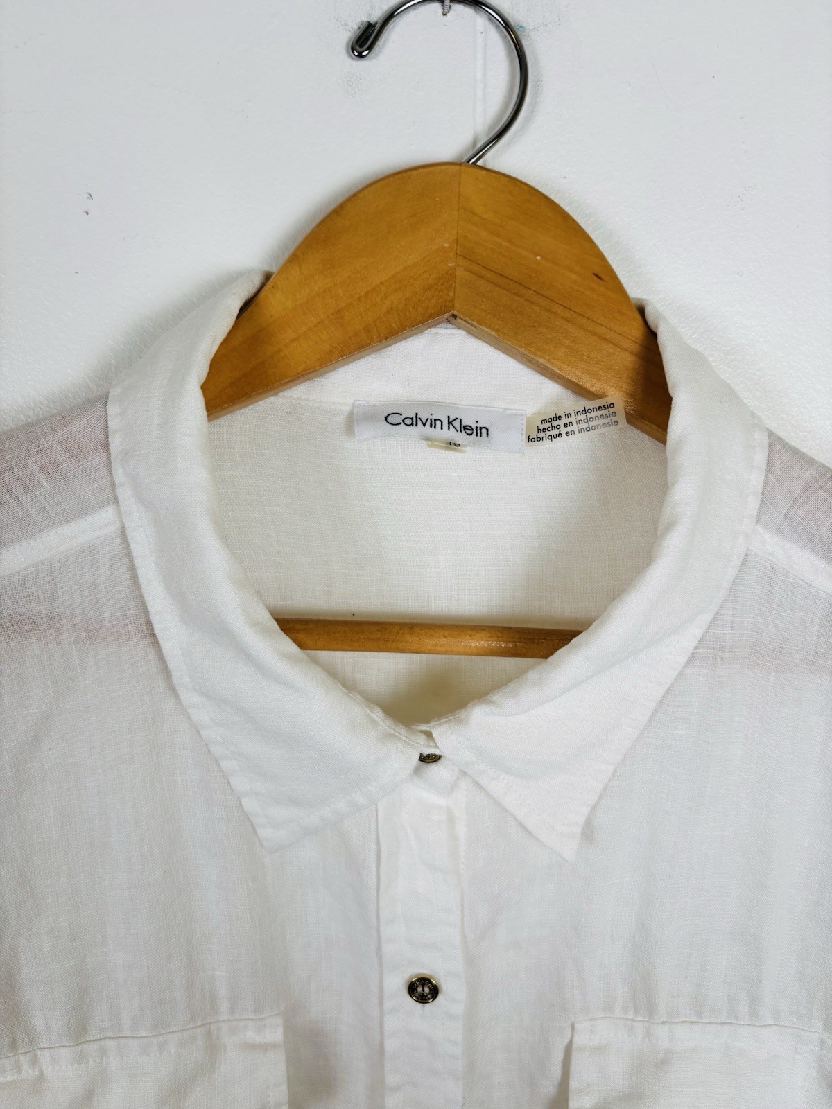 Calvin Klein Women XL White Linen Button Down Blouse Shirt Roll Tab Sleeve