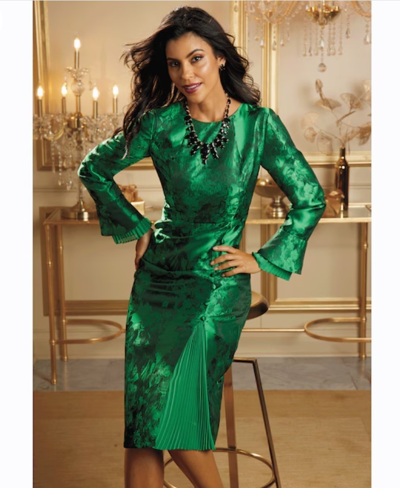 Sz 14 Midnight Velvet Green Formal Wedding Holiday Elsbeth Jacquard Sheath Dress