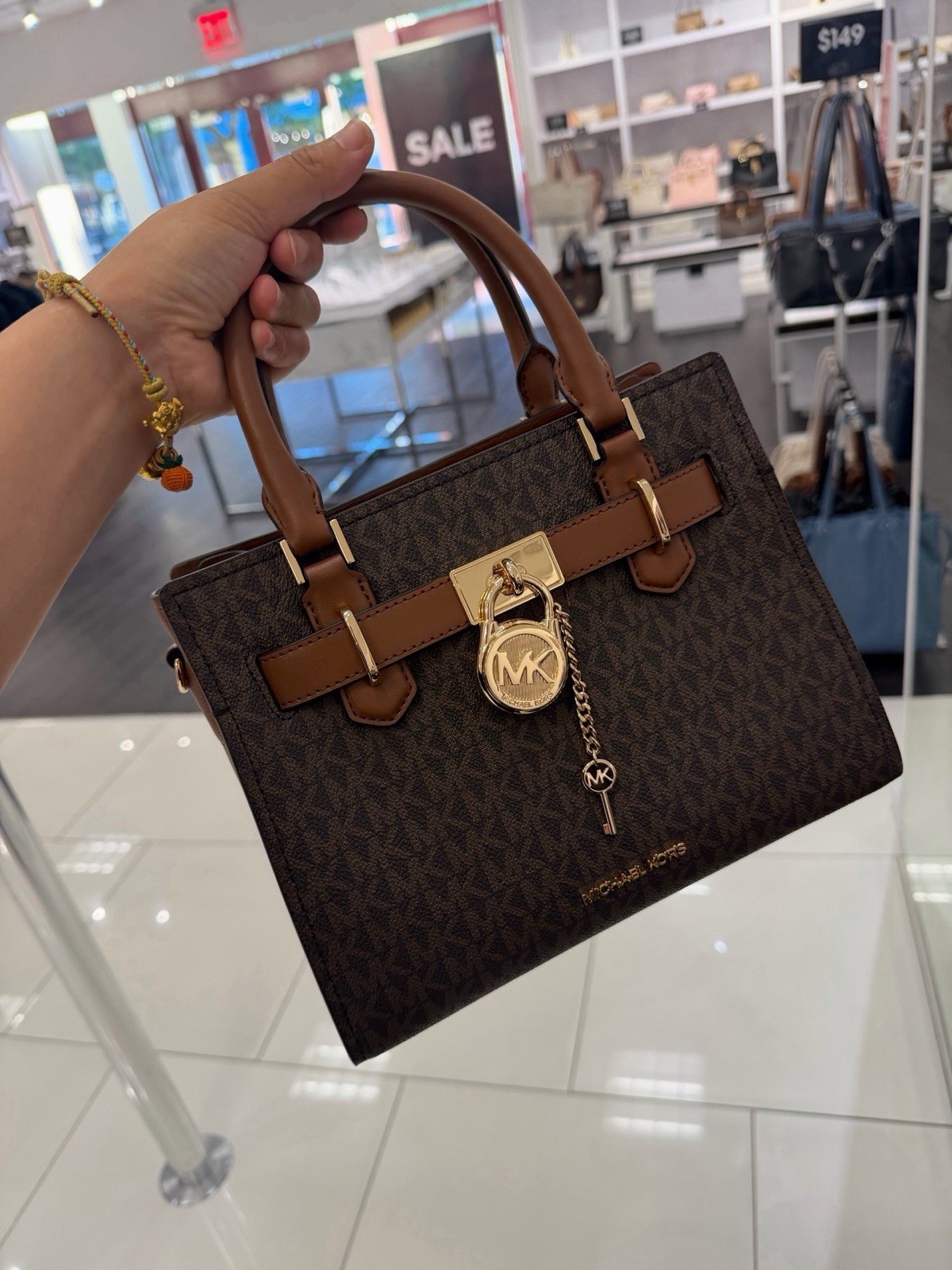 Michael Kors Brown Logo Satchel Top Handle Lock & Key Zip Gold Hardware Pockets