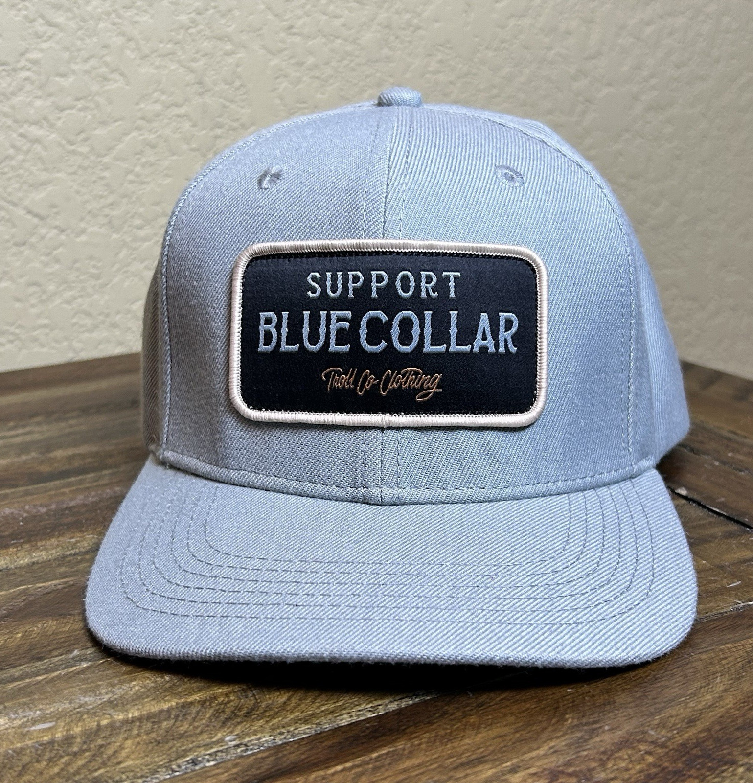Troll Co Clothing Blue Collar Support Trucker Hat Gray Snapback Baseball Cap