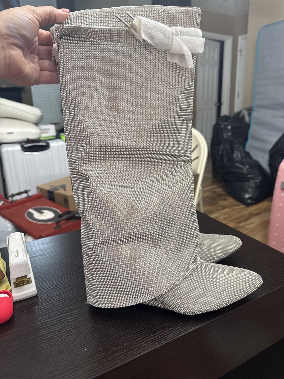 NWOT Women Knee-high Fold Over Wedge Heel Silver/Light Gray Rhinestone Boot SZ10