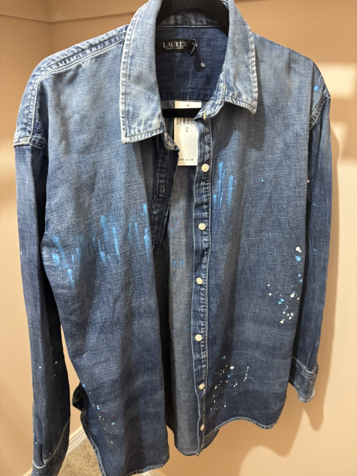 Lauren Ralph Lauren, Paint-Splatter Denim Shirt. Petite. Long Sleeves. Woman. XS