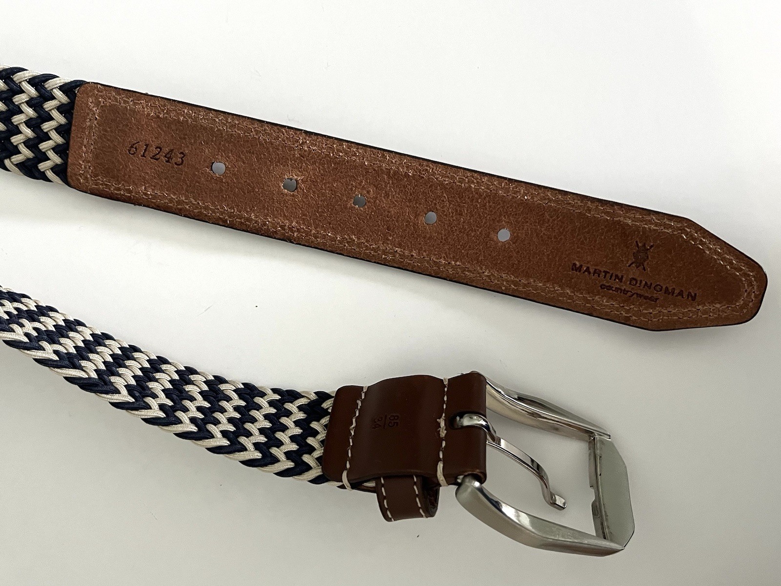 Martin Dingman Leather End Belt Beige Navy Tan Braided Woven Rope Size 34