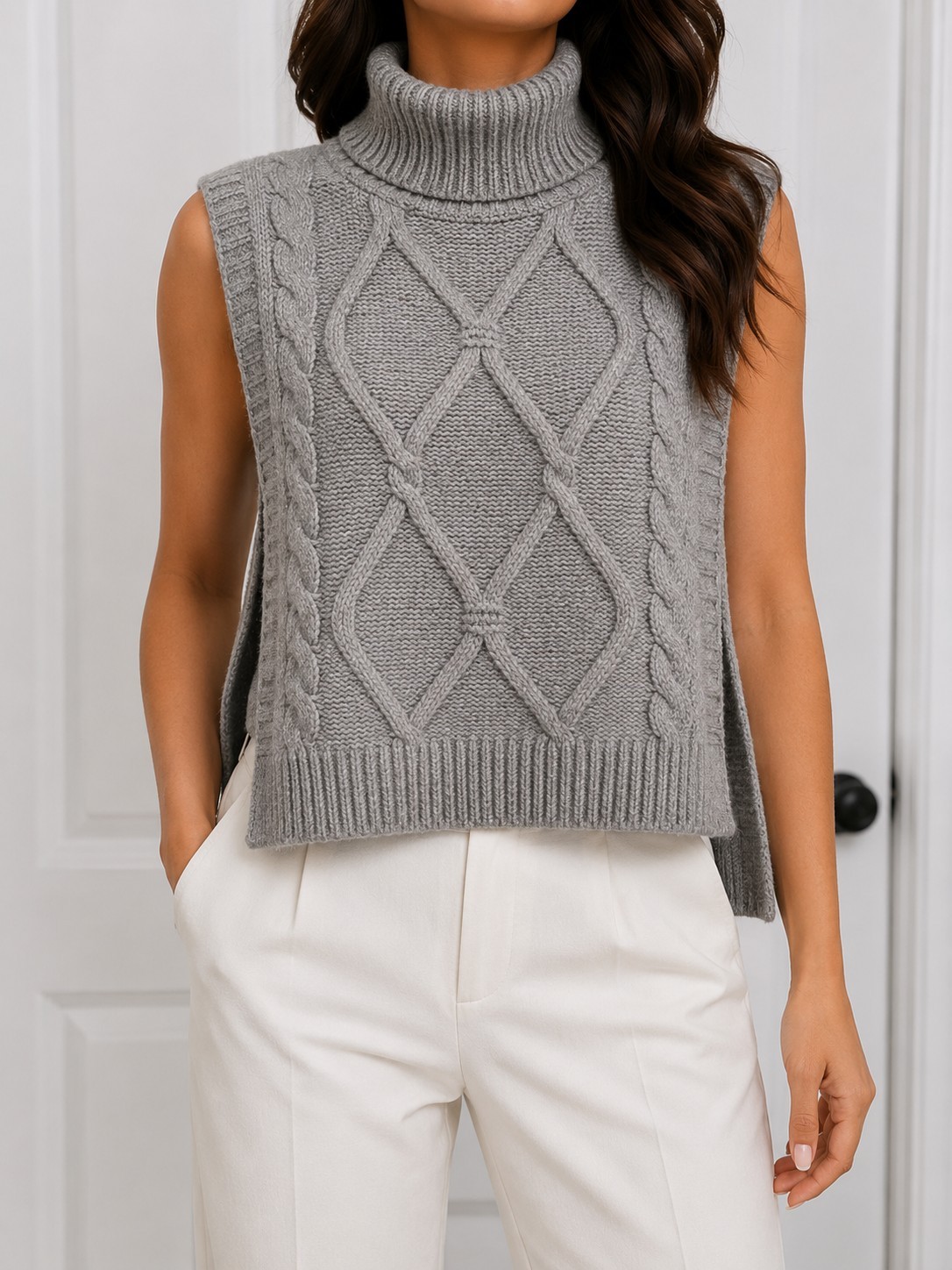 Primark Cares Gray Cable Knit Sleeveless Turtleneck Sweater Vest Open Side Layer
