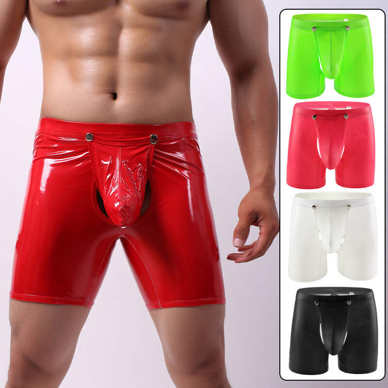 Men Sexy Wet Look Shiny Boxer Briefs Trunks Underwear Removable Button Pouch