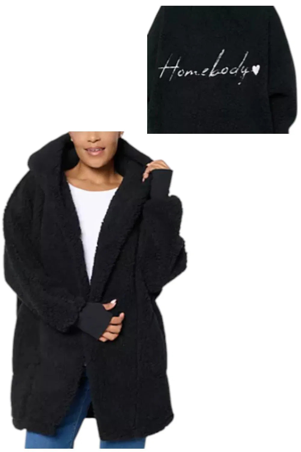By Jill Martin Women’s Sherpa Embroidered Hooded Lounger Black
