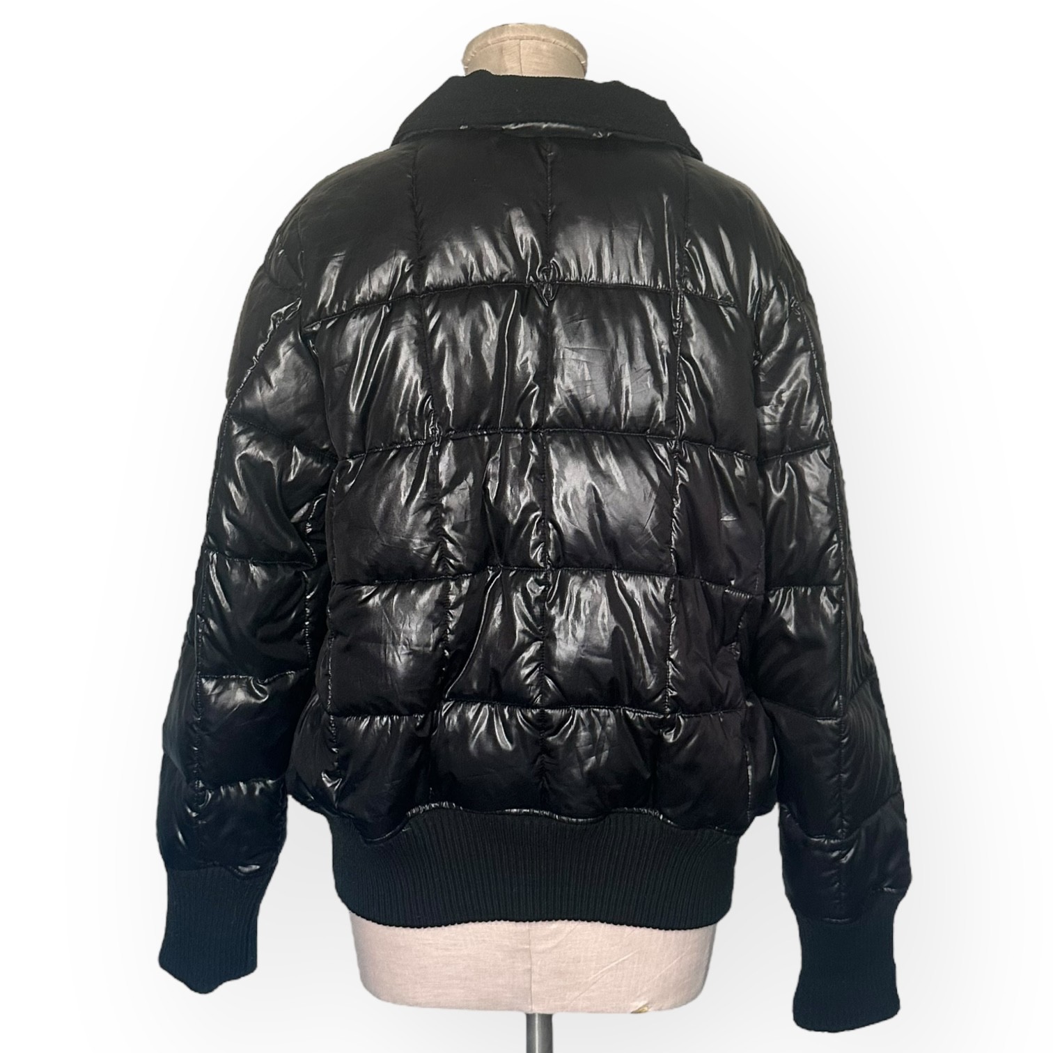 ’94 Vintage OLD NAVY Quilted Puffer Jacket Gloss Removable Hood Coat Black XL