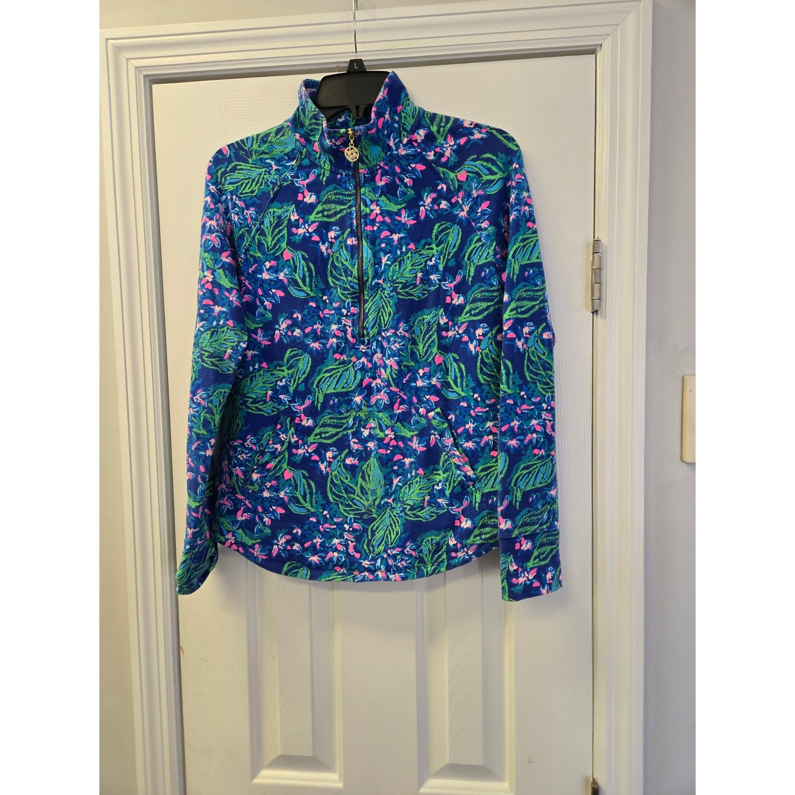 Lilly Pulitzer Blue Tropical Floral Quarter Zip Pullover Thumbholes Small
