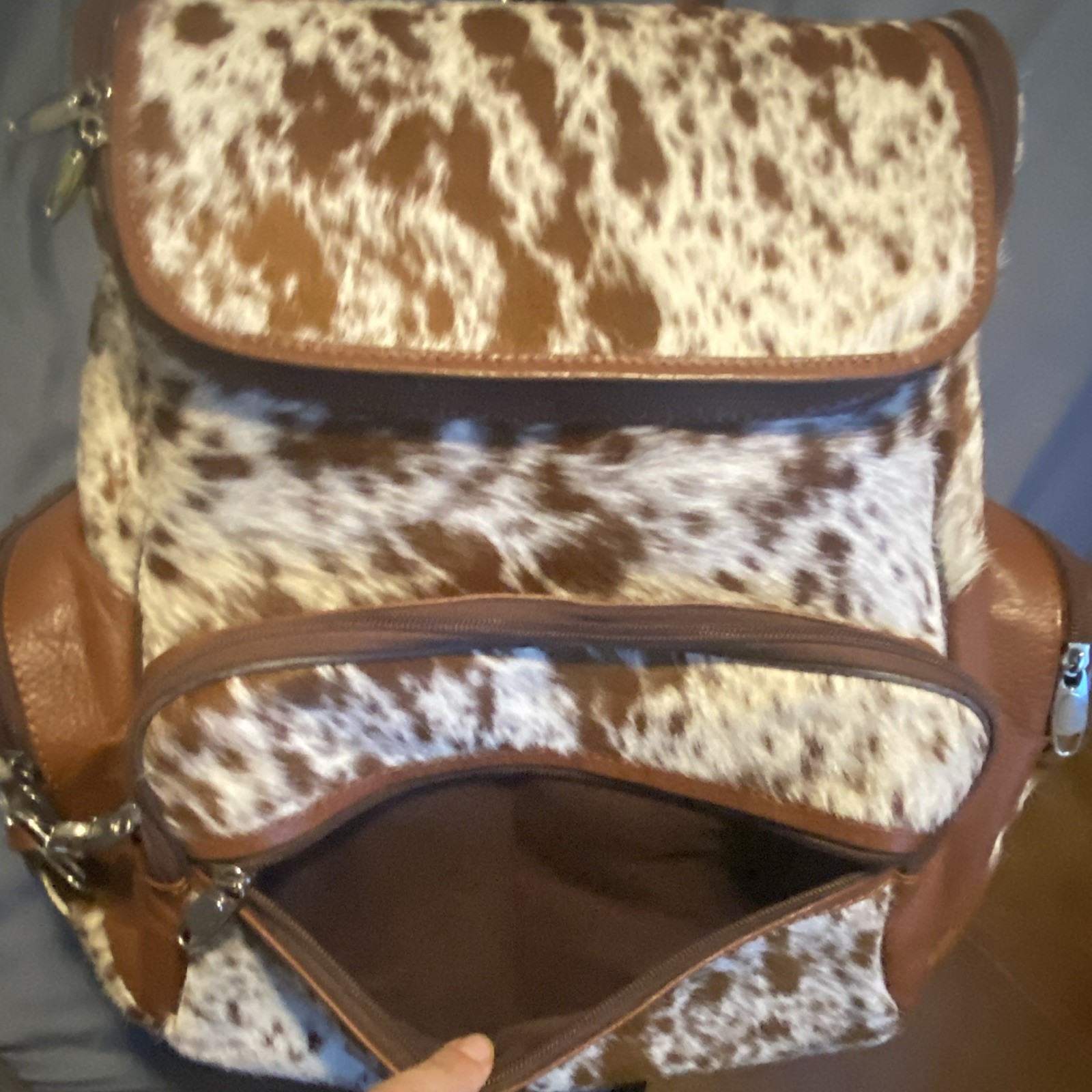 Real Cowhide Backpack Brown/White Zip, Inner Pockets, Adjustable Straps