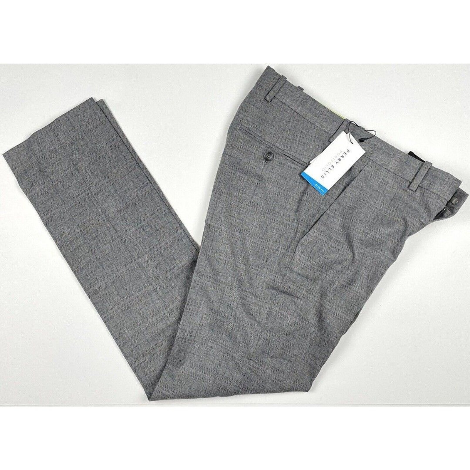 Perry Ellis Portfolio Men’s Gray Slim-Fit Smoked Pearl Plaid Dress Pants 34×32