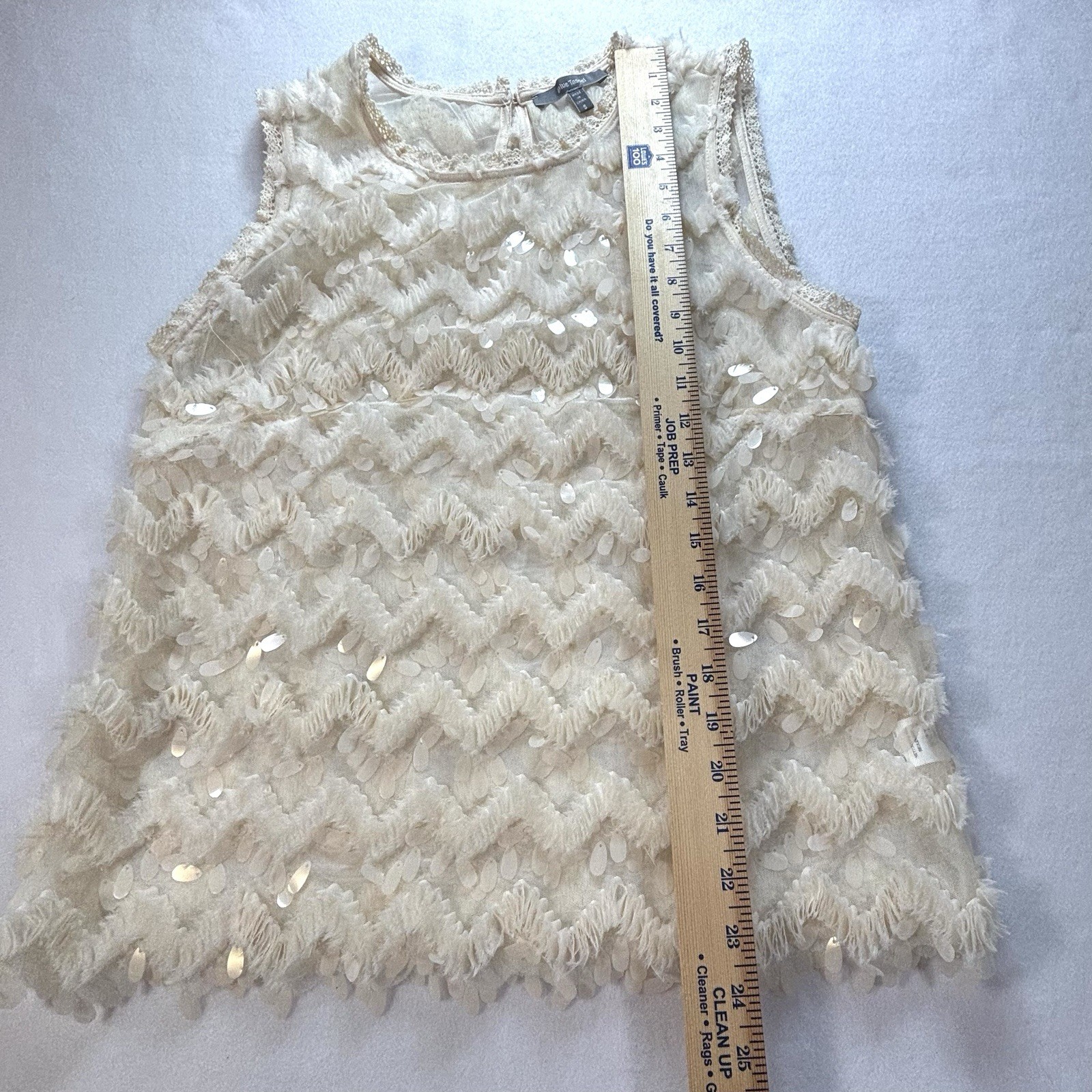 Anthropologie BLUE TASSEL Ivory Semi Sheer Top Sleeveless Embellished Women’s S