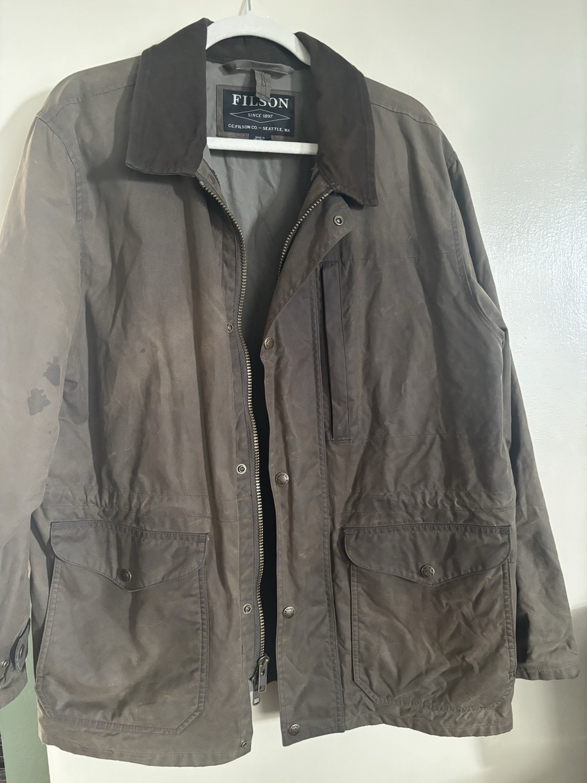 FILSON Mile Marker Jacket Otter Green Waxed Cover Cloth Coat Hunting Mens L