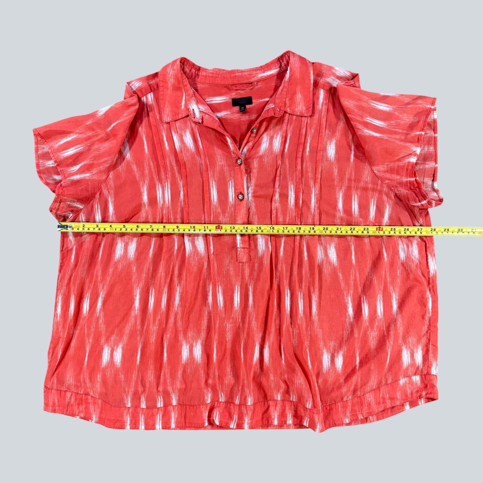 Talbots Woman 3X Coral Ikat Print Cotton Pintuck Short Sleeve Blouse Boho Top
