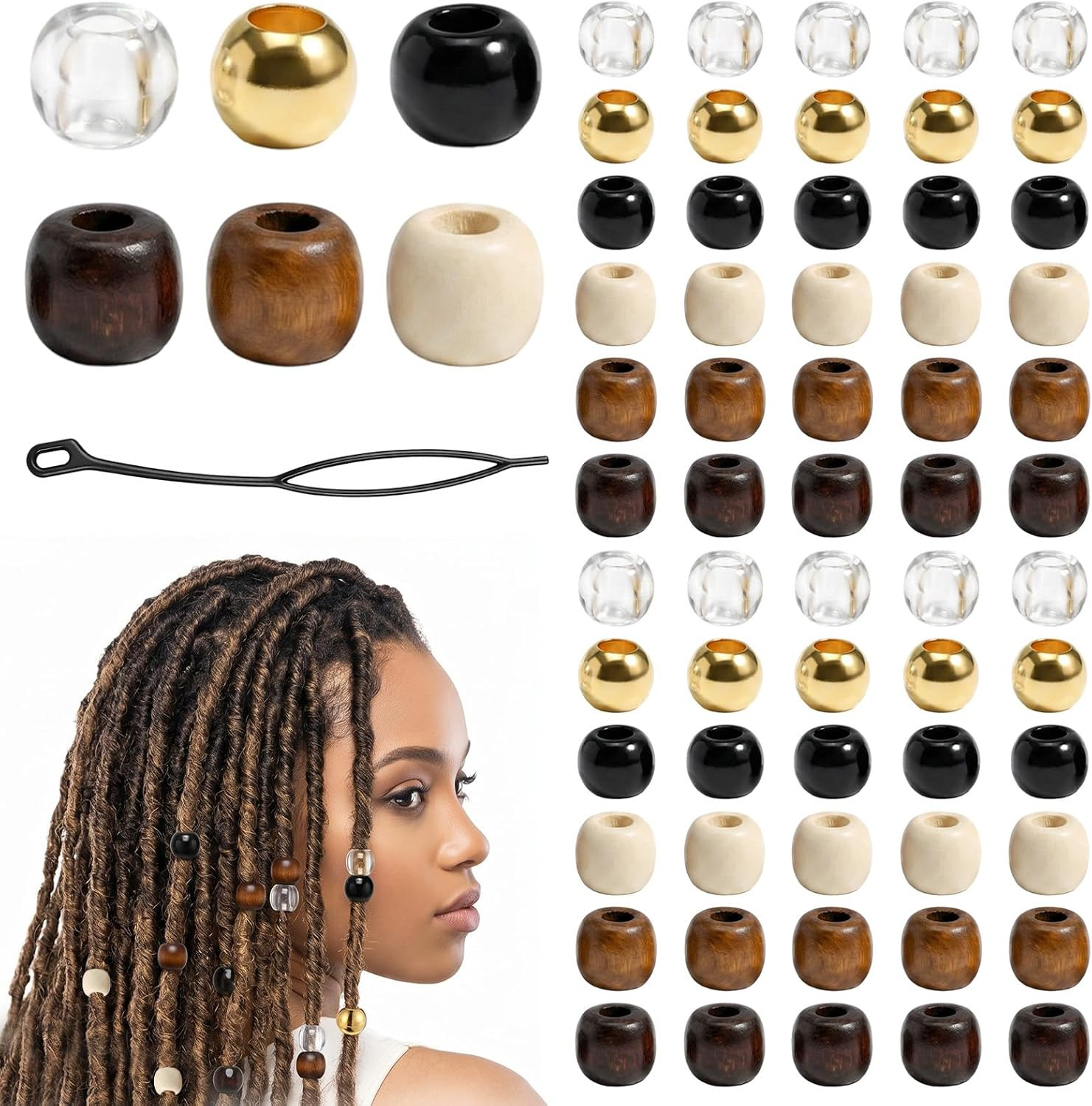 60 Pcs Hair Beads for Braid, Acrylic Wood African Hair Dreadlock Beads, Cute Hai