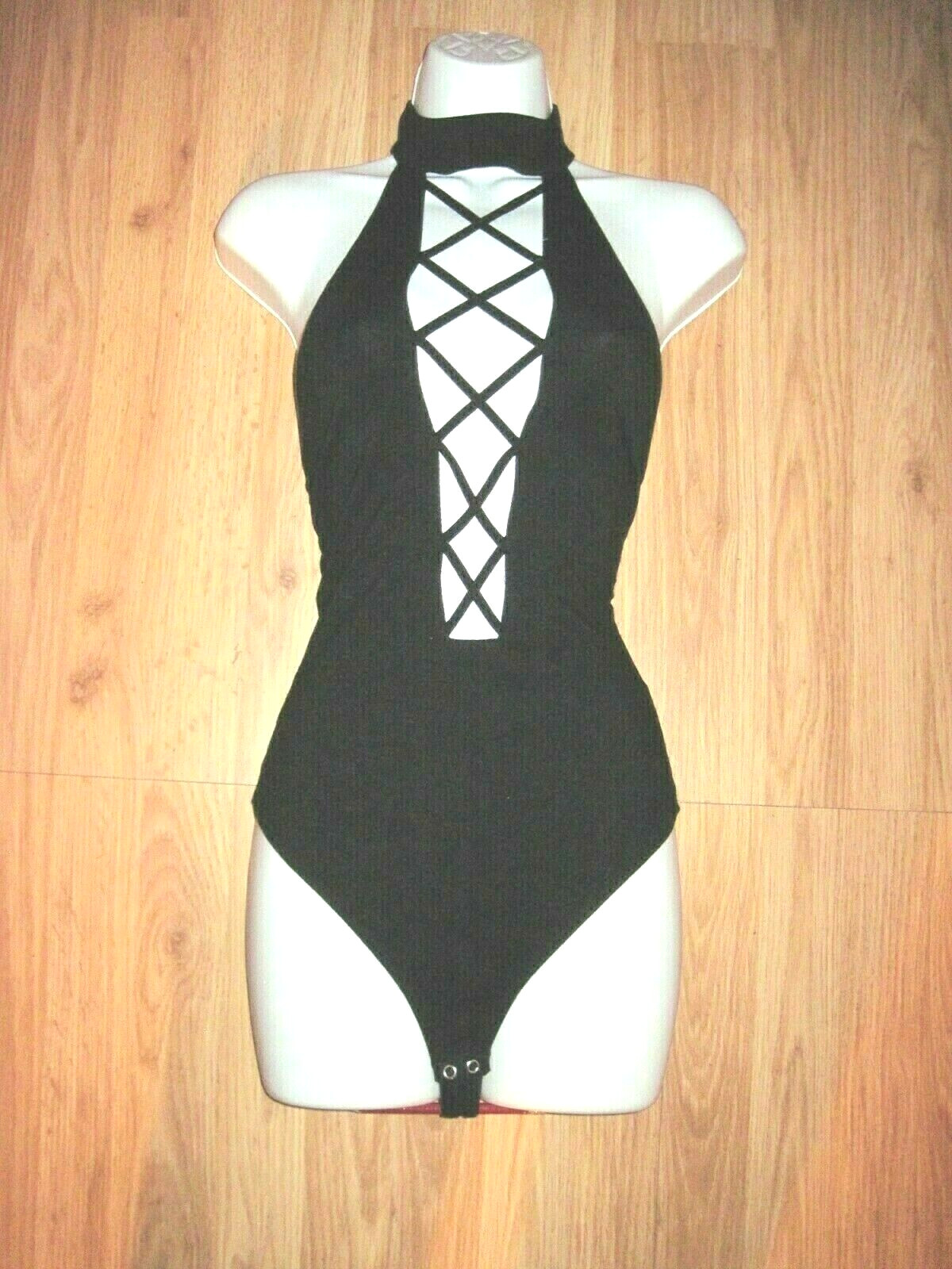 Lace Up Front Open Back Halter Top Snap Crotch Thong Black Leotard Adult Medium