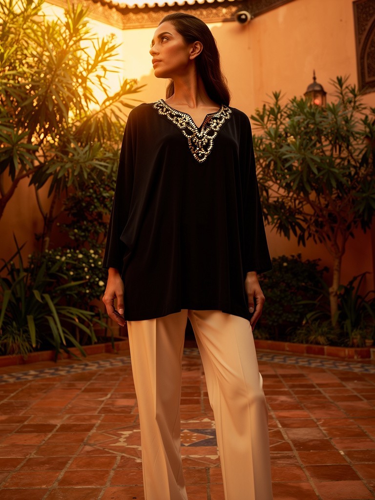 Slinky Brand Size 1X Knit Long Tunic Blouse Black Jeweled Neckline 3/4 Sleeve