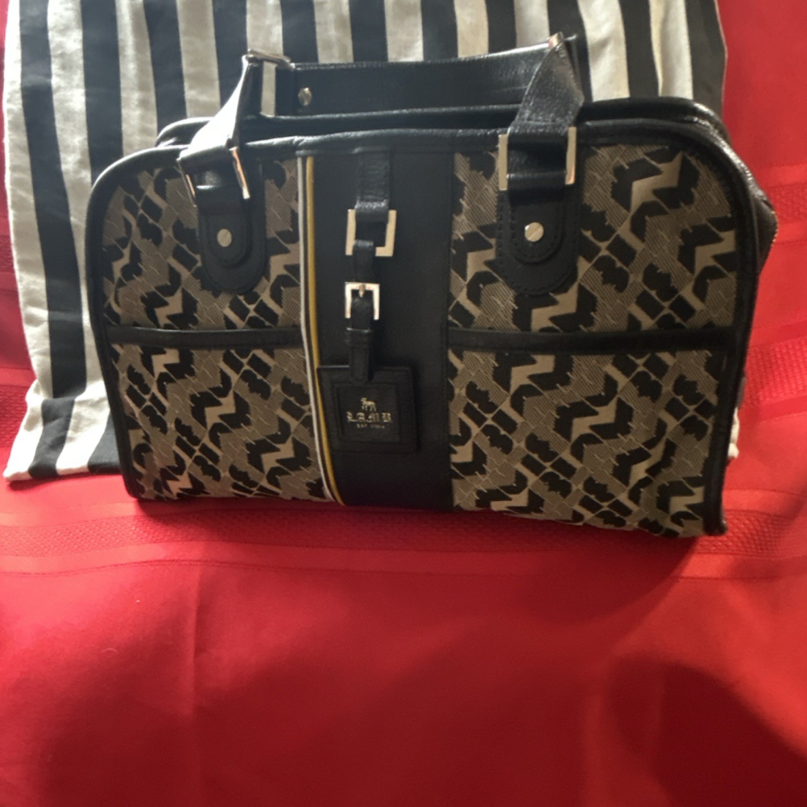 L.A.M.B. Satchel Top Handle Bag, Black Beige, Silver Hardware, Logo