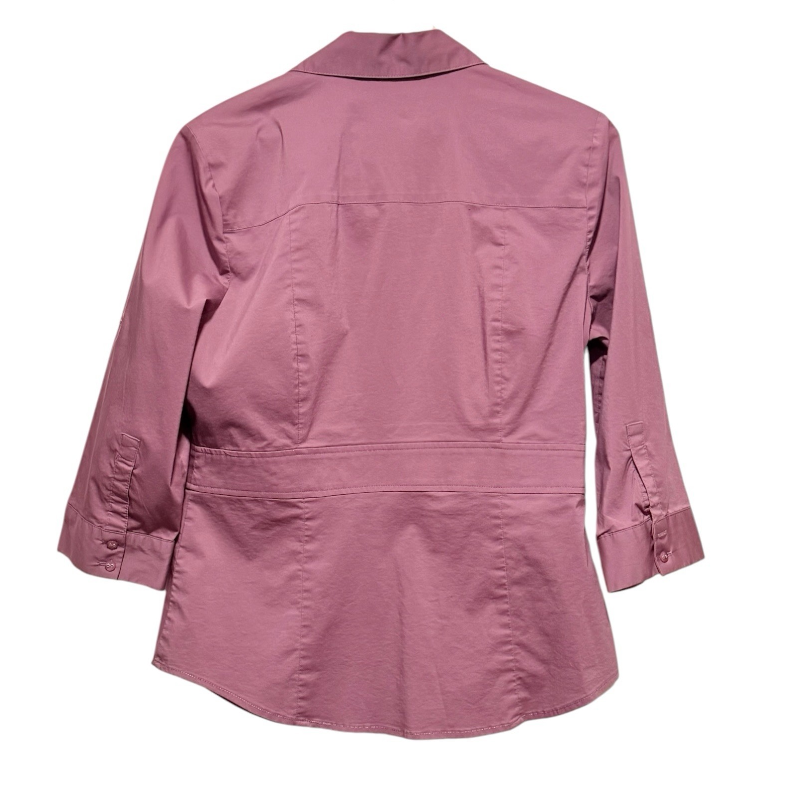 NY & Co Sz M Black Raspberry 3/4 Sleeves Fitted Button Down Blouse Career Office