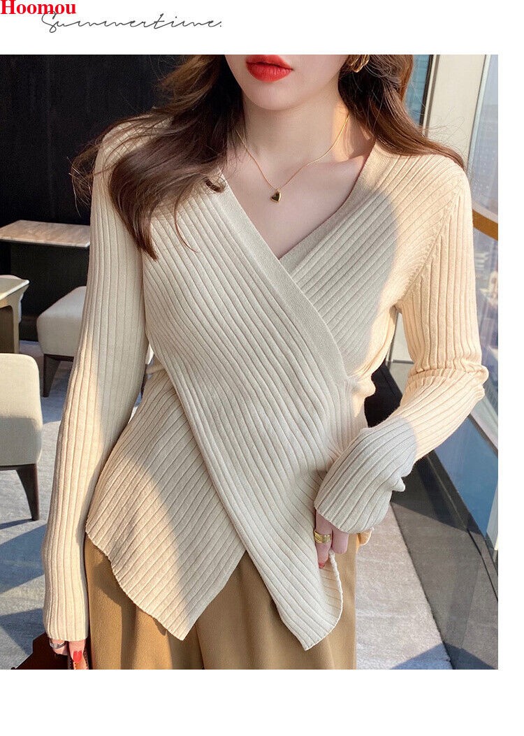 New Korean Womens Cross V-neck Asymmetric Slit Fall Winter Tops Tee Blouse