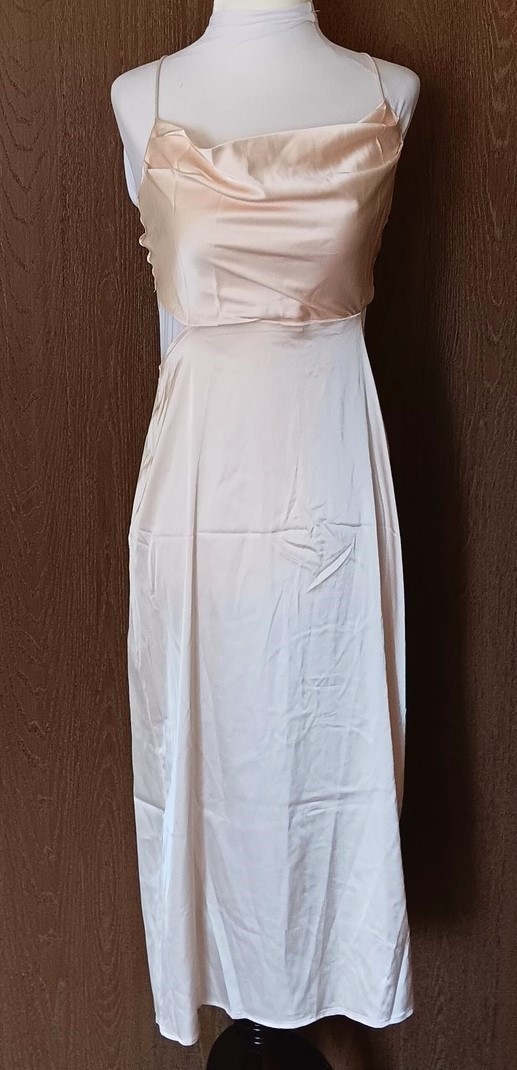 Lyaner Cocktail Dress M Satin Champagne Cutout Back Cowl Neck Strappy New