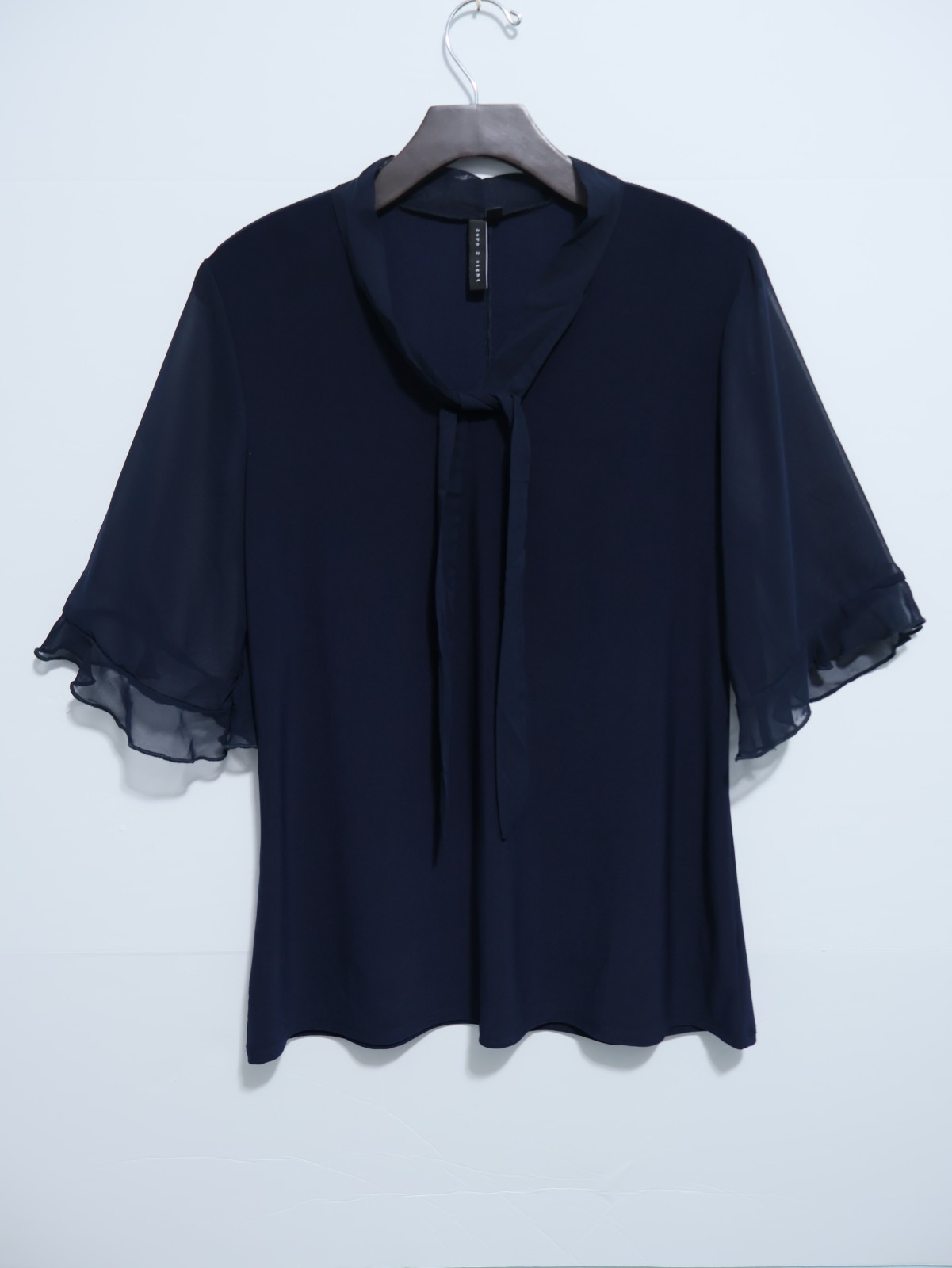 Zero 2 Eight Blouse Navy Large Women Tie Neck Ruffle Sheer Flutter Sleeve V-Neck