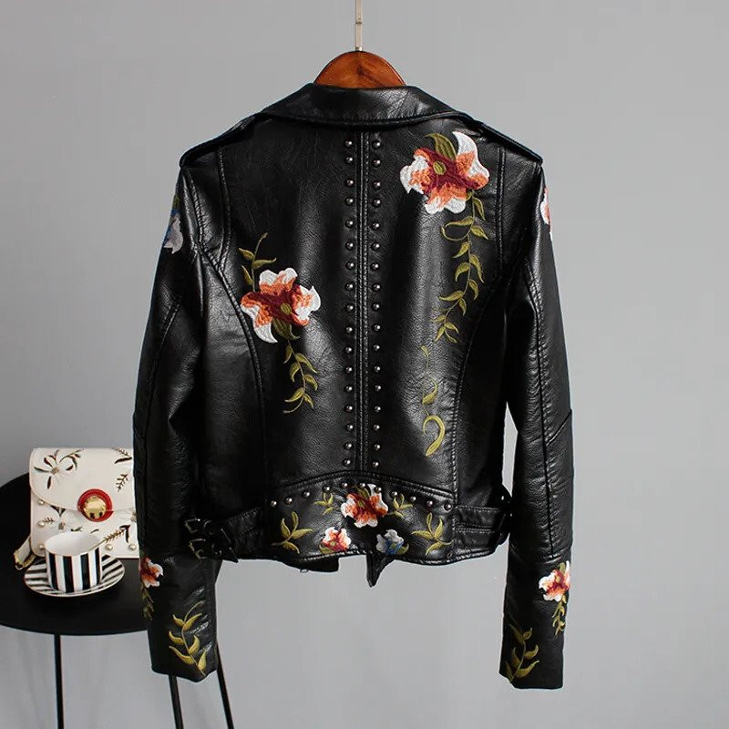 Embroidered Leather Jacket Flowers Embroidery PU Faux Leather