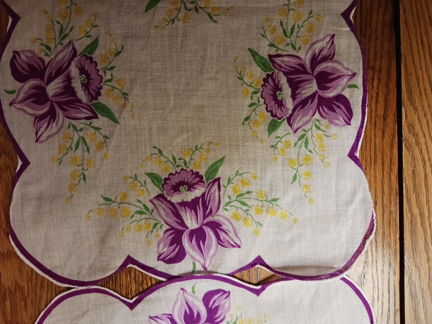2 Vintage Ladies Hankies -Pretty Purple Irises. 11 X 11.5 in. Nice Condition.