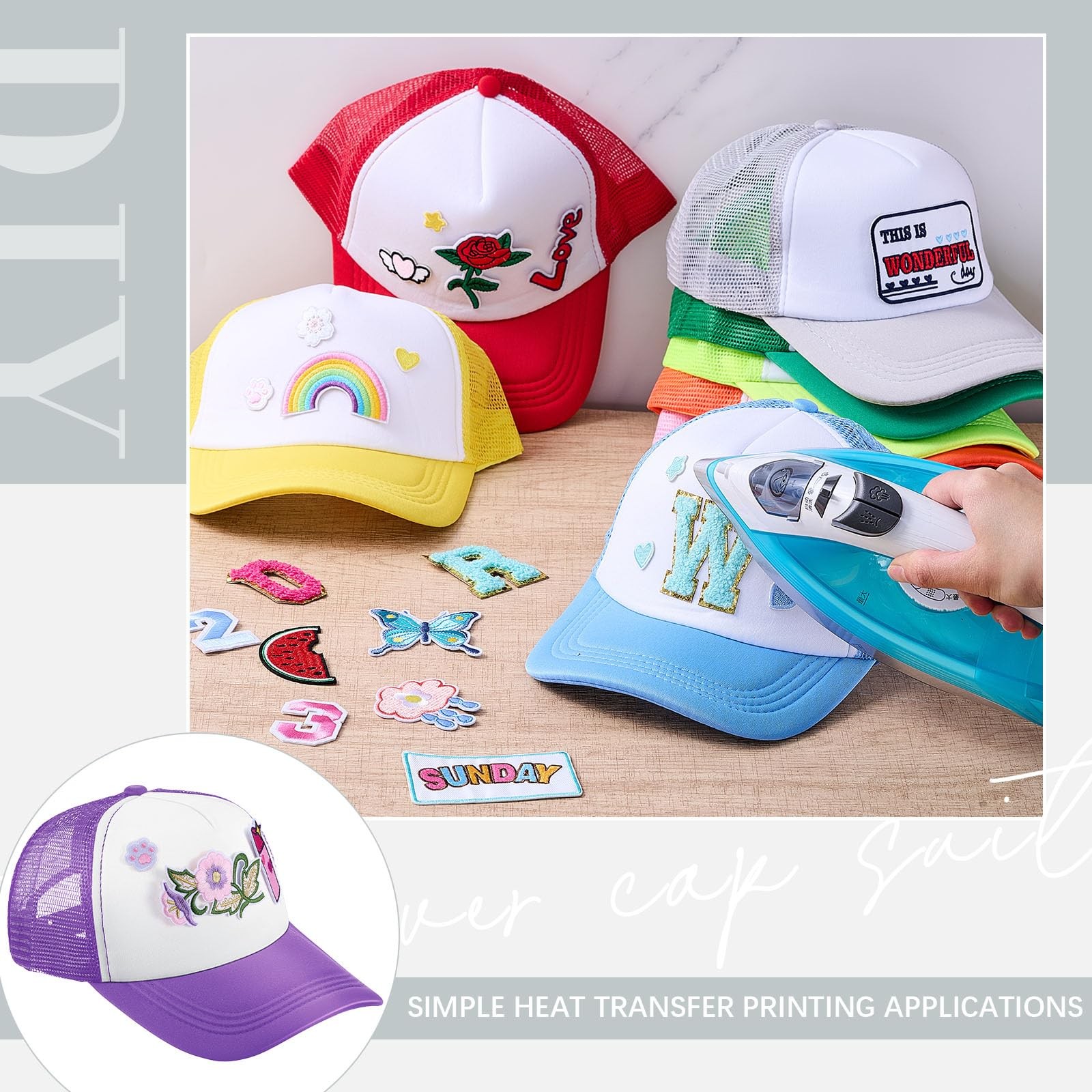 12 Pack DIY Trucker Hats Kit, Sublimation Blank Baseball Caps with 120 pcs Em…