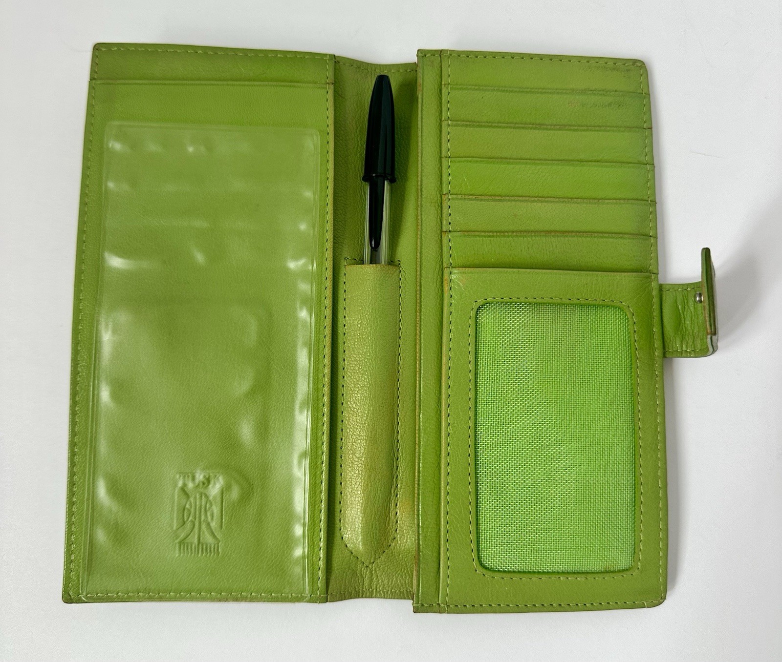 TUSK Vintage Leather Bifold Wallet Checkbook Long & Slim Pen Holder Green Luxury