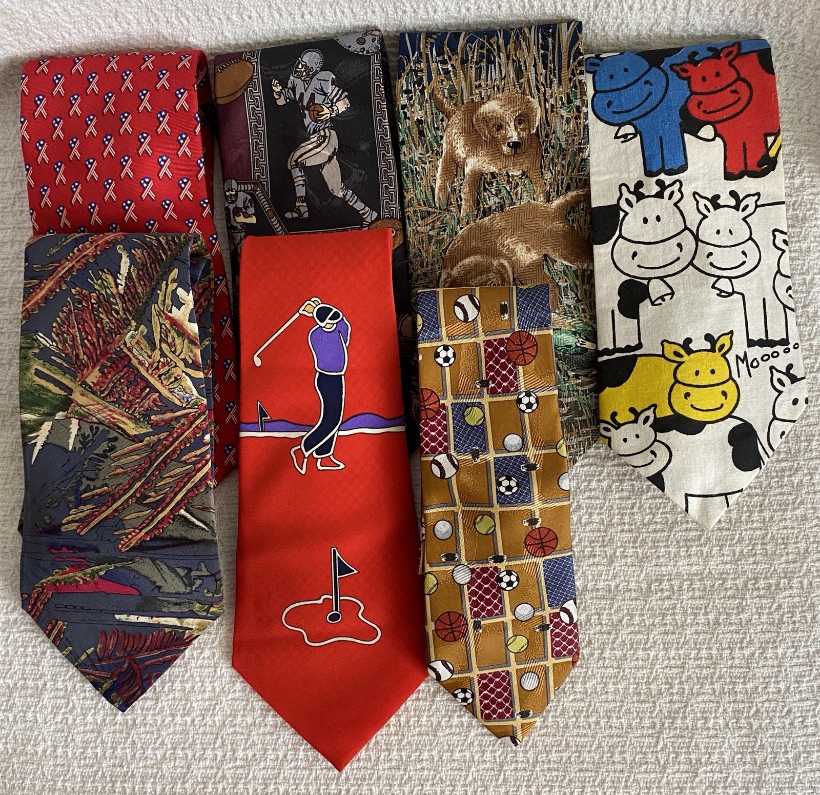 Mixed Lot of 7 Vintage & Modern Men’s Novelty Neck Ties Cows Hunting Sports Golf