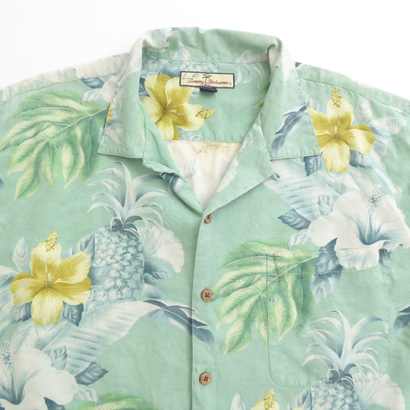 Tommy Bahama Mens Hawaiian Button Front Shirt Green Floral Pineapple Silk Large