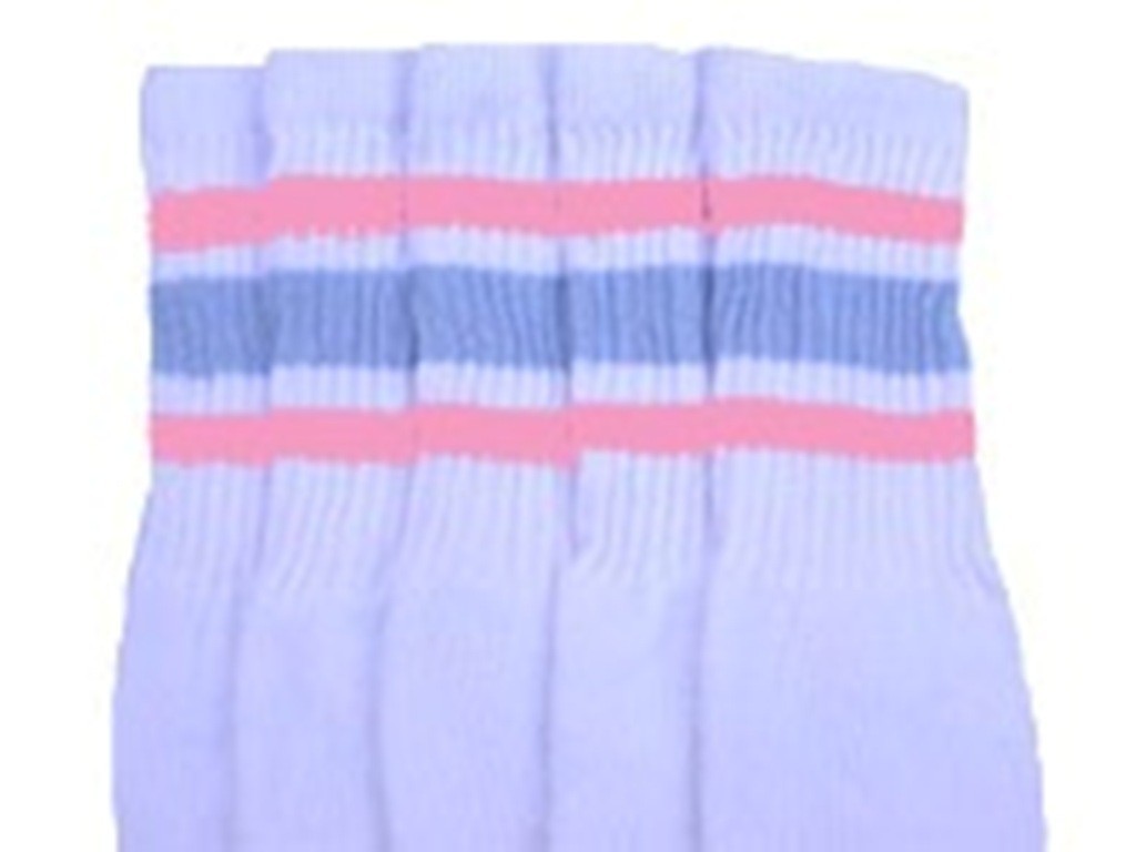19” MID CALF WHITE tube socks with BABY PINK/BABY BLUE stripes style 3 (19-12)